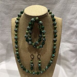 Chic Speckled Green Round Beaded Necklace, Bracelet, and Earring Set
